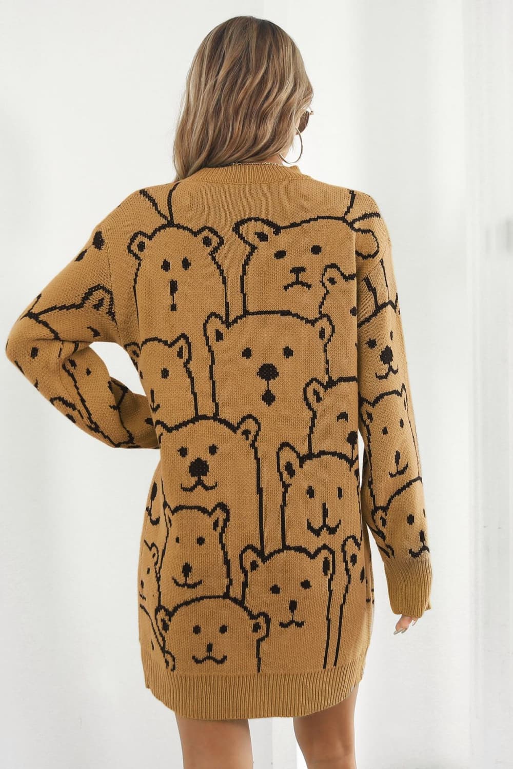 Bear Pattern Round Neck Sweater Dress - Image 3