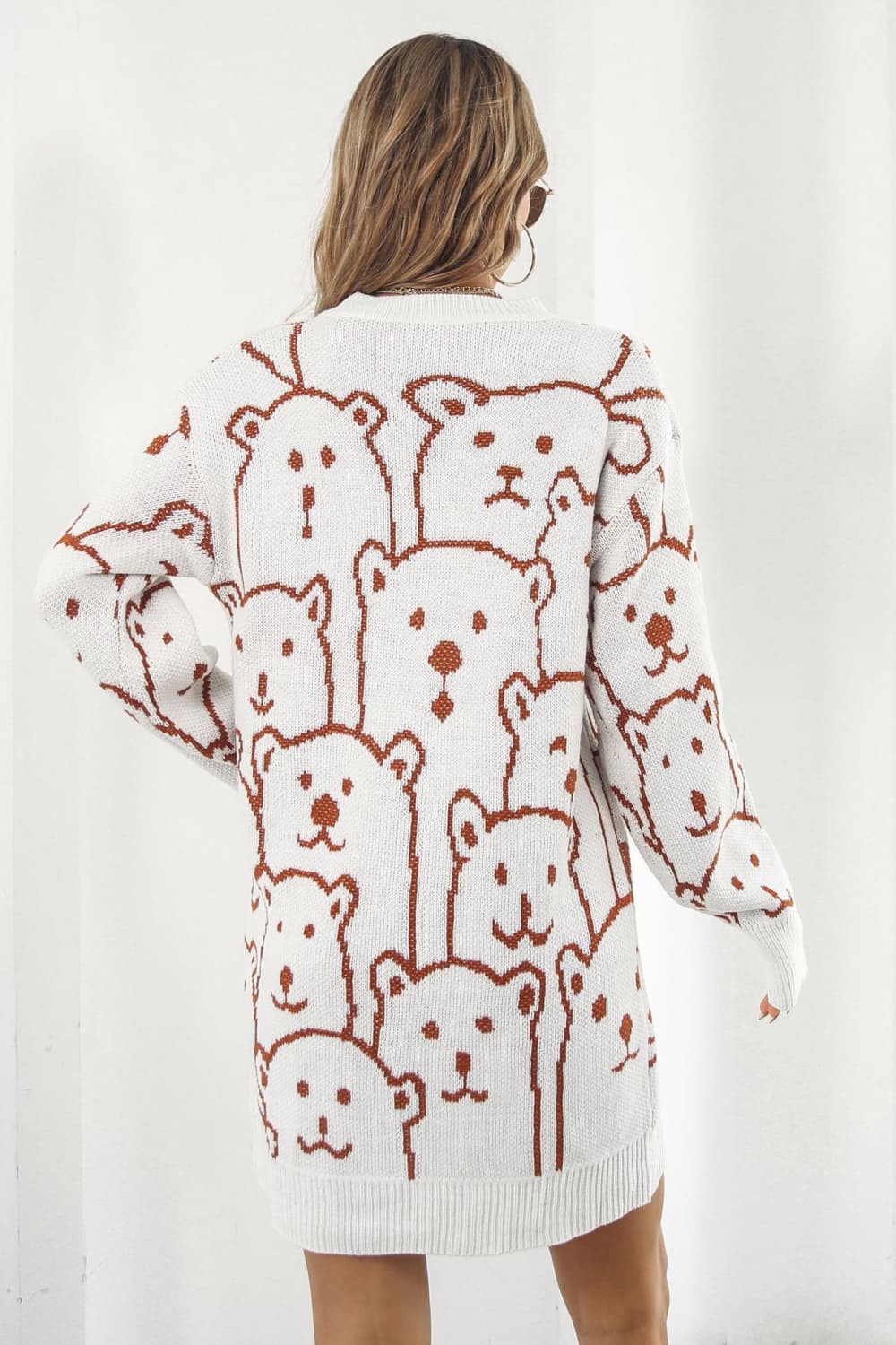Bear Pattern Round Neck Sweater Dress - Image 4