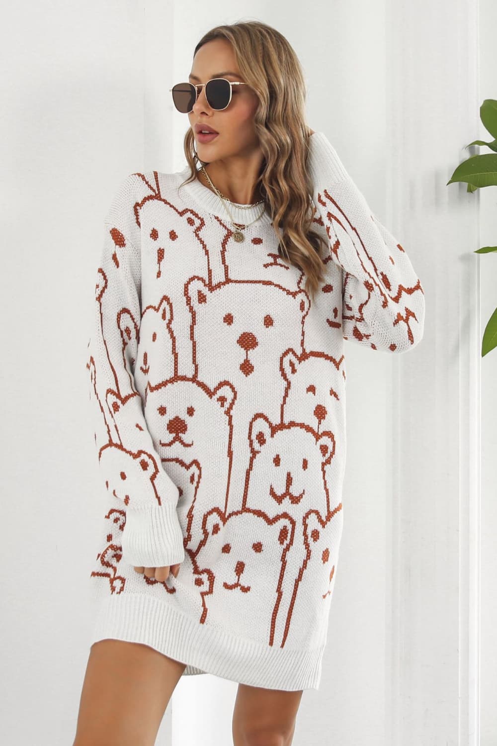 Bear Pattern Round Neck Sweater Dress - Image 5