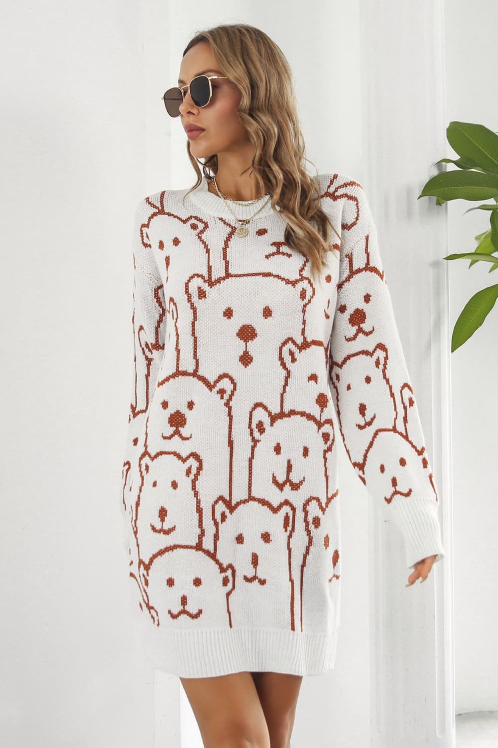 Bear Pattern Round Neck Sweater Dress - Image 6