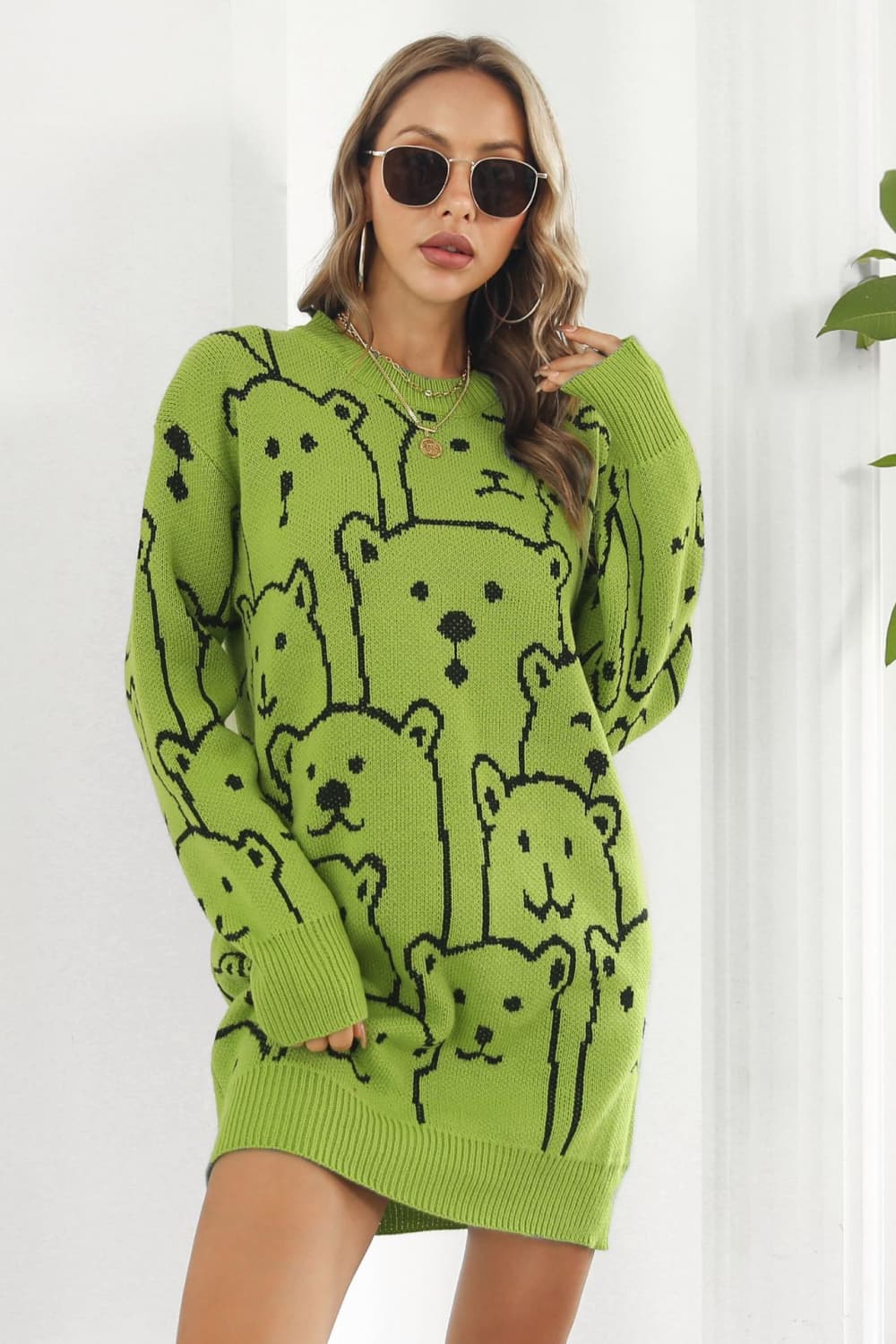 Bear Pattern Round Neck Sweater Dress - Image 7
