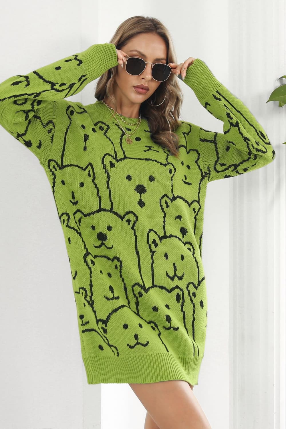 Bear Pattern Round Neck Sweater Dress - Image 8