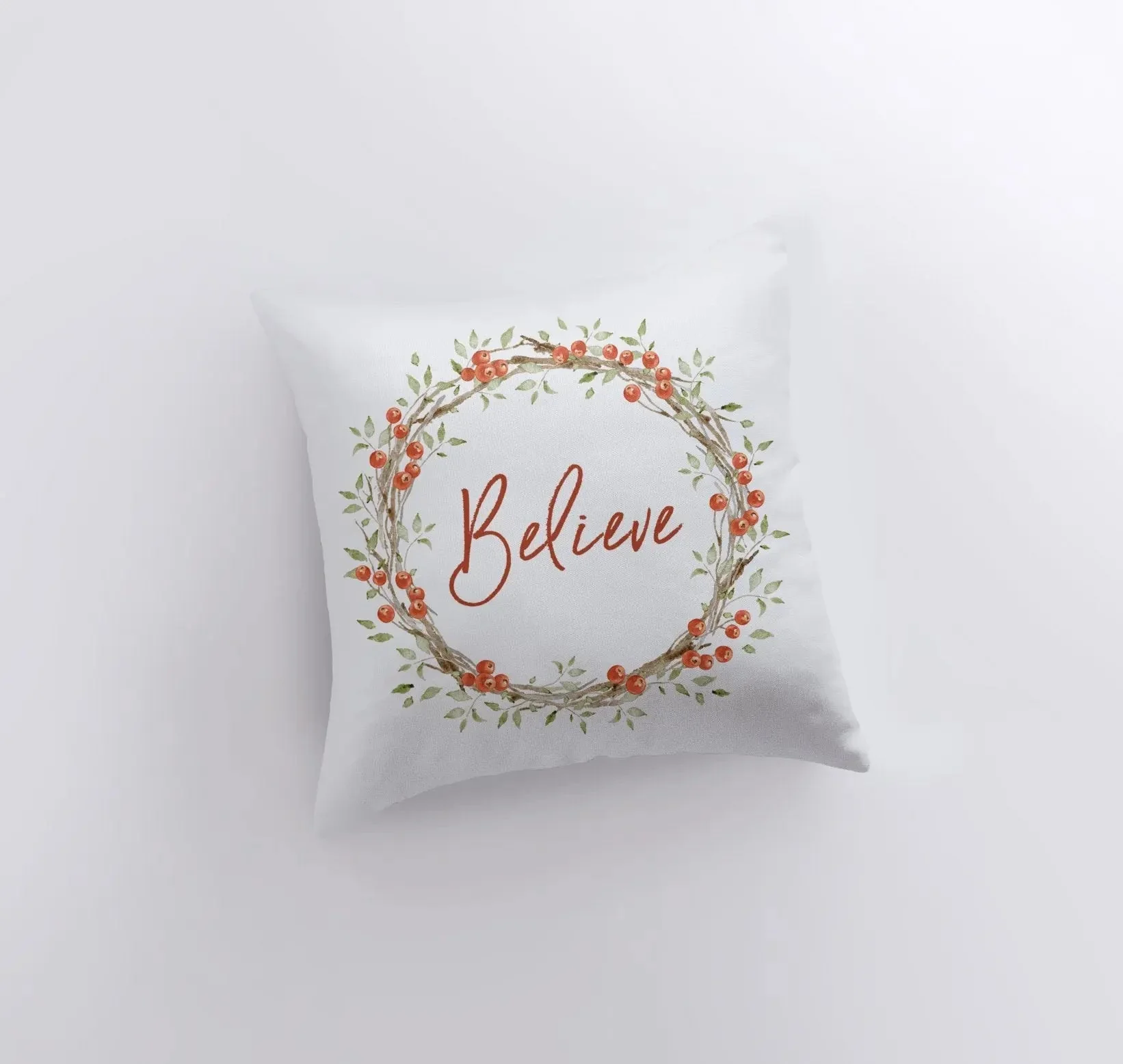 Believe with Berry Wreath Christmas Throw Pillow | Room Decor | Home Decor | Bedroom Decor | Home Decor Christmas | Christmas Throw Pillows by UniikPillows - Image 3