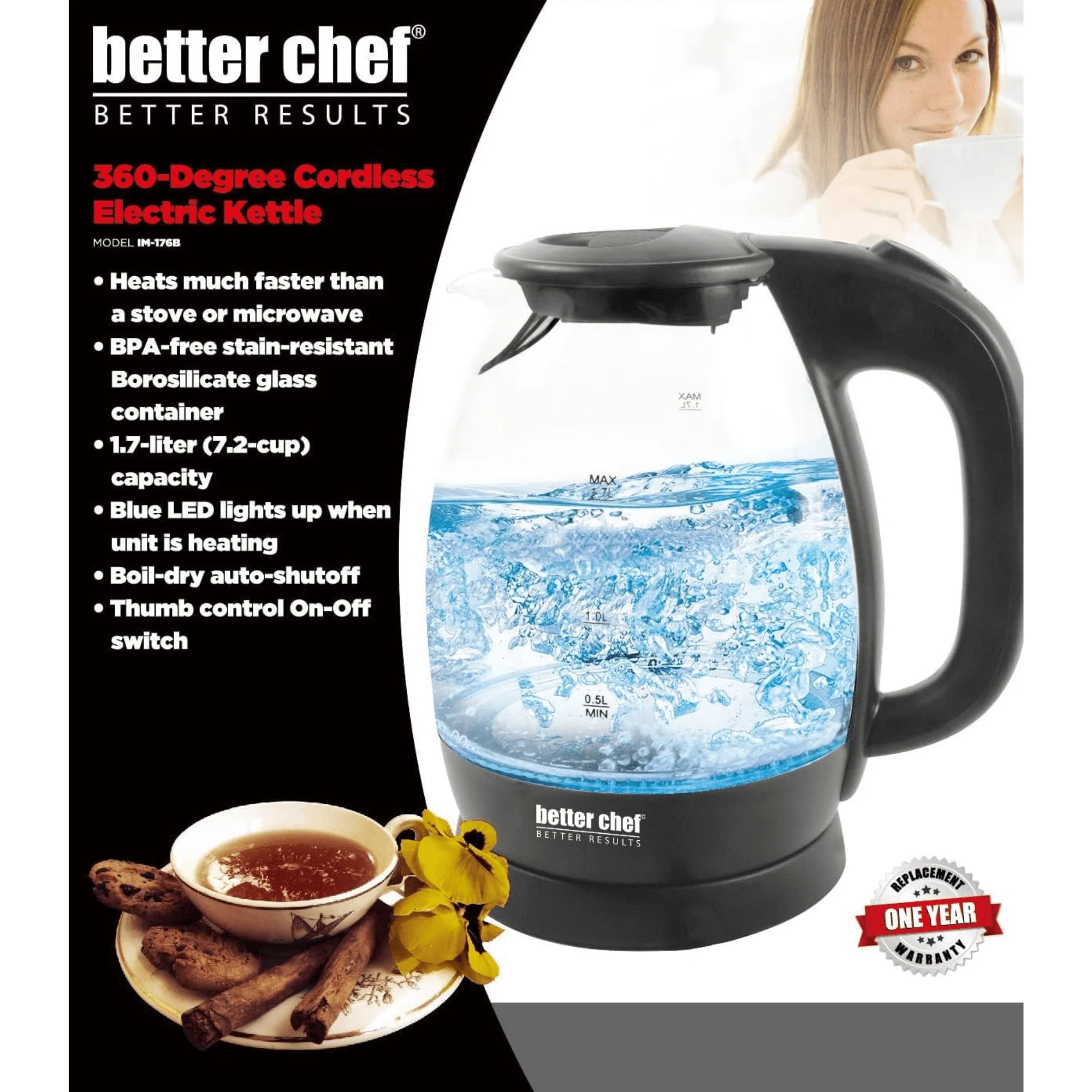 Better Chef 7-Cup Cordless Borosilicate Glass Electric Kettle with LED Light by Jupiter Gear Home - Image 5