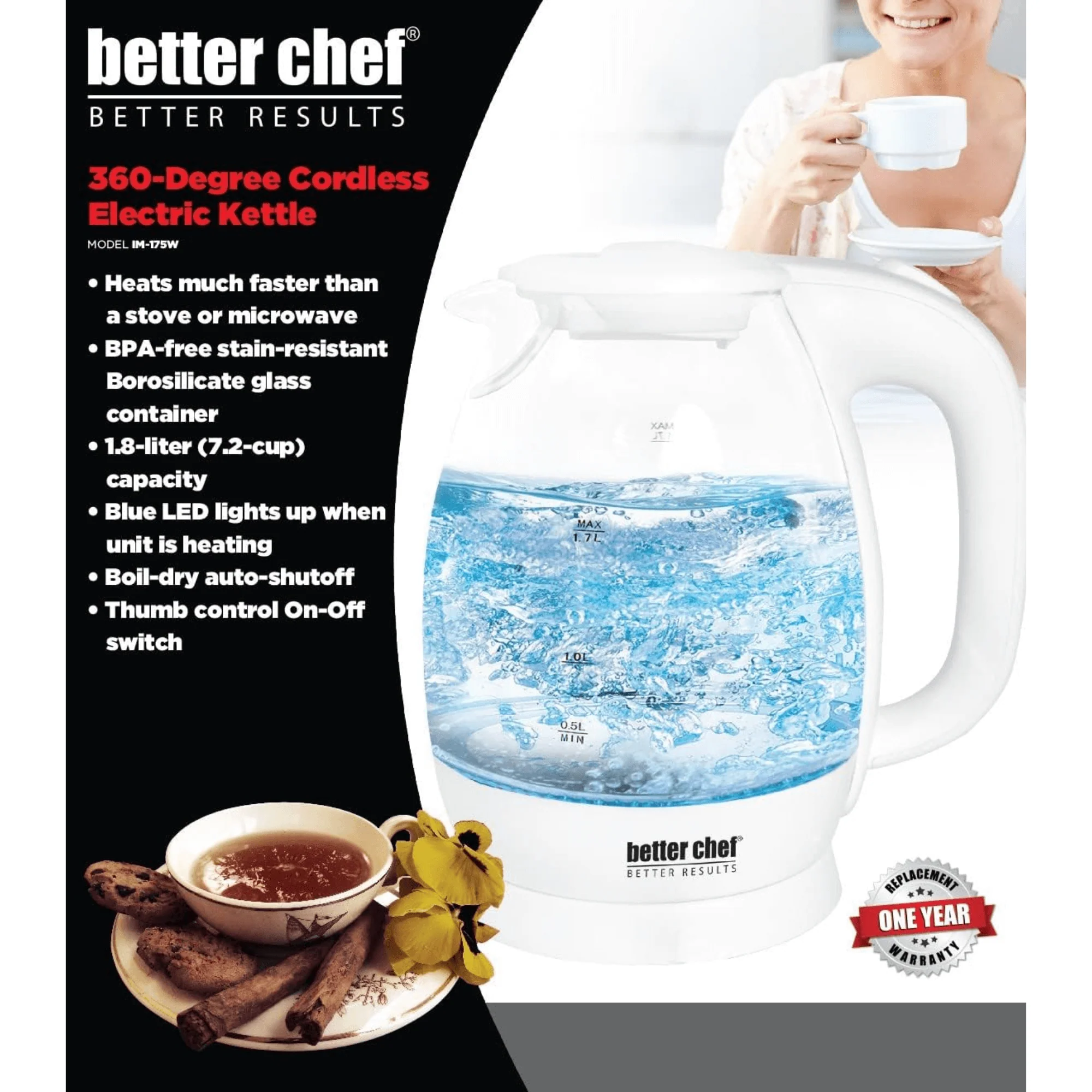 Better Chef 7-Cup Cordless Borosilicate Glass Electric Kettle with LED Light by Jupiter Gear Home - Image 9