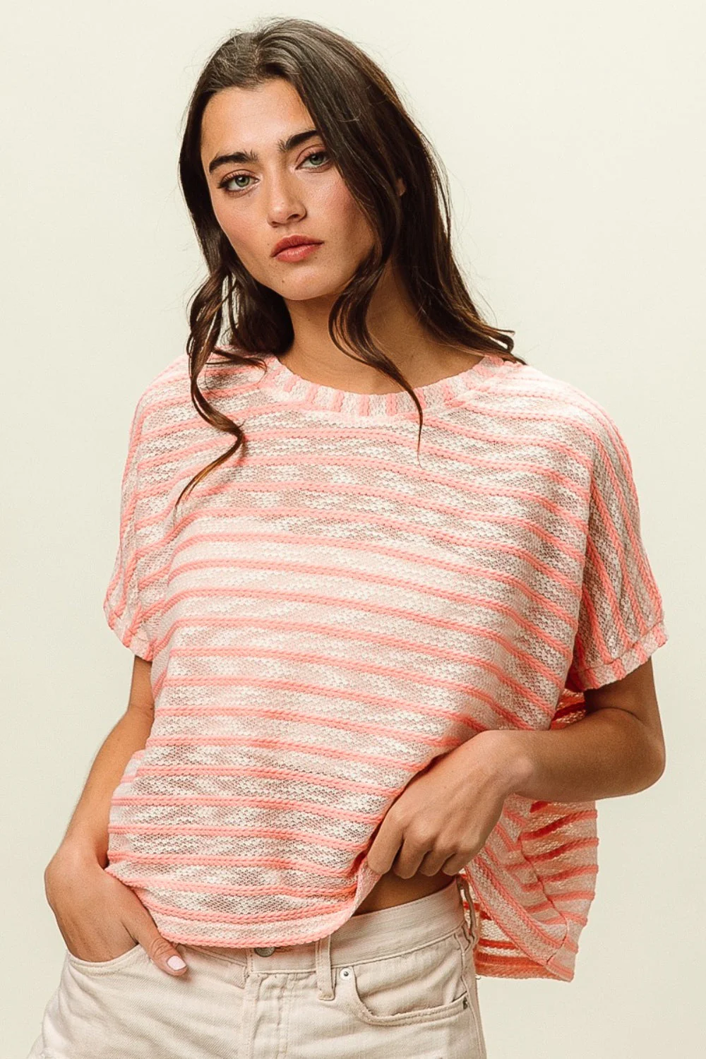 BiBi Braid Striped Short Sleeve Round Neck T-Shirt - Image 3