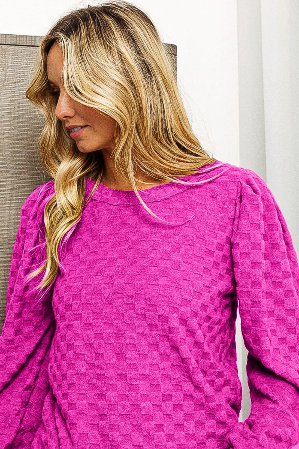 BiBi Round Neck Brushed Checker Top - Image 3
