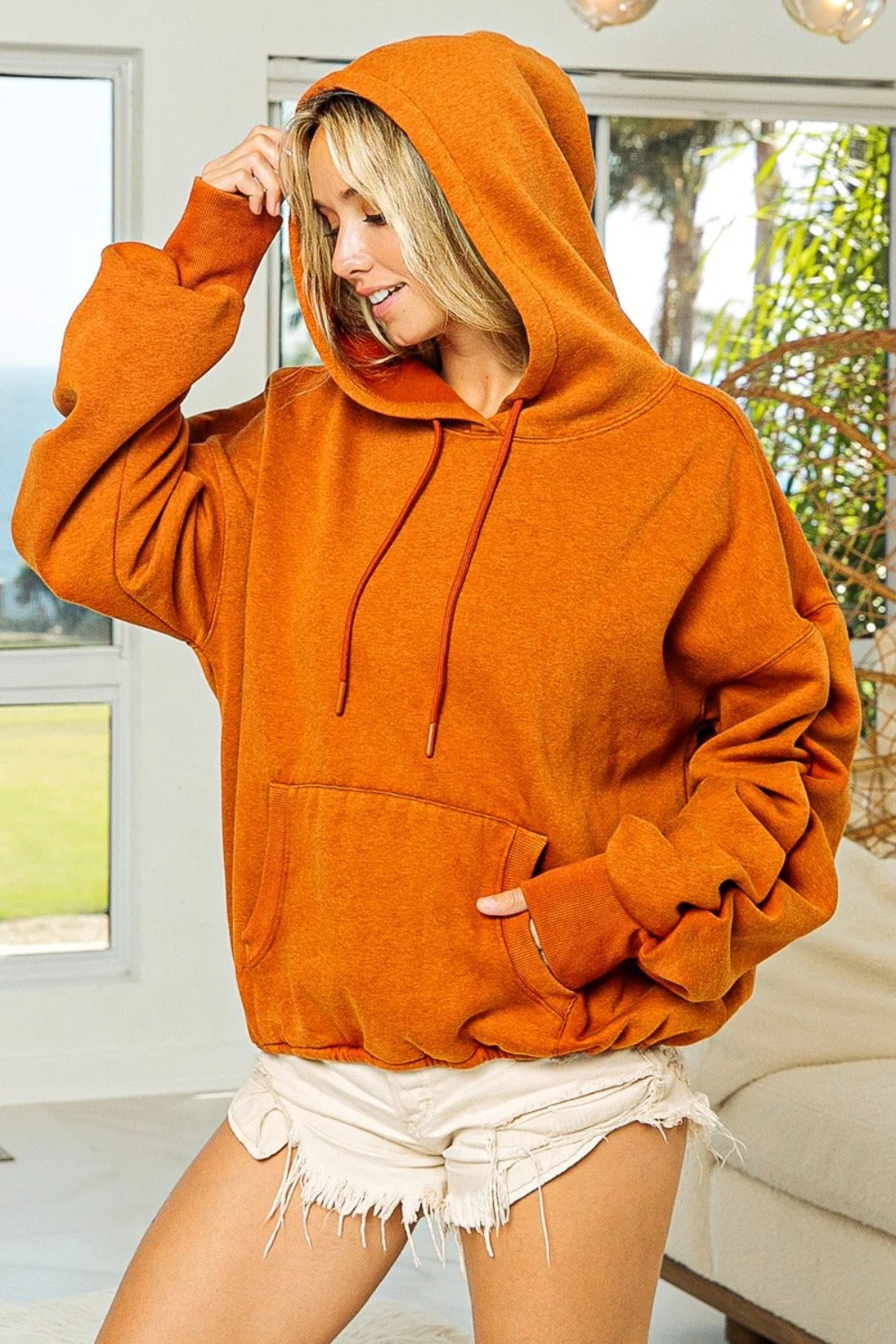 BiBi Ruched Long Sleeve Washed Fleece Hoodie - Image 2