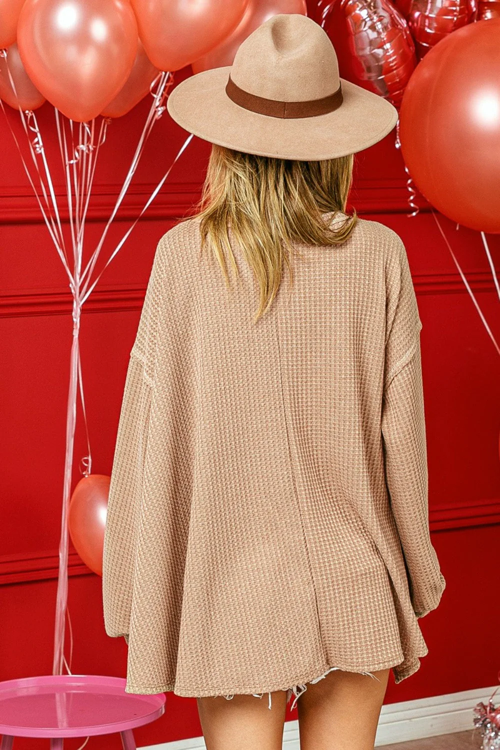 BiBi V-Neck Waffle Uneven Hem Top - Image 2