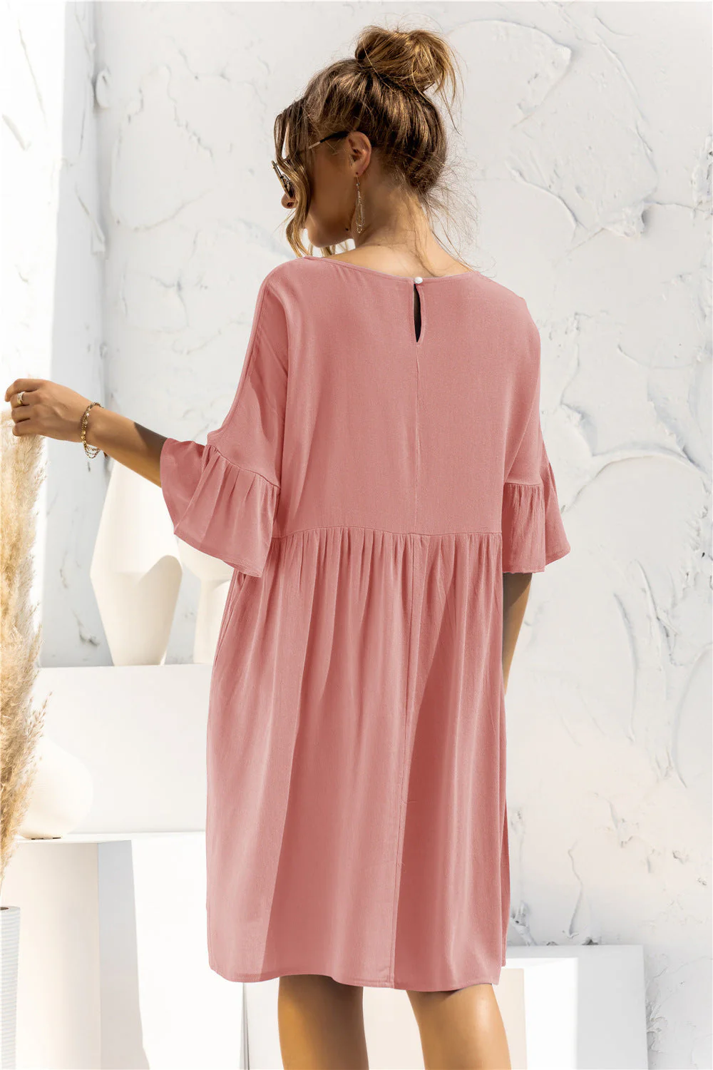 Boat Neck Flounce Sleeve Knee-Length Dress - Image 10
