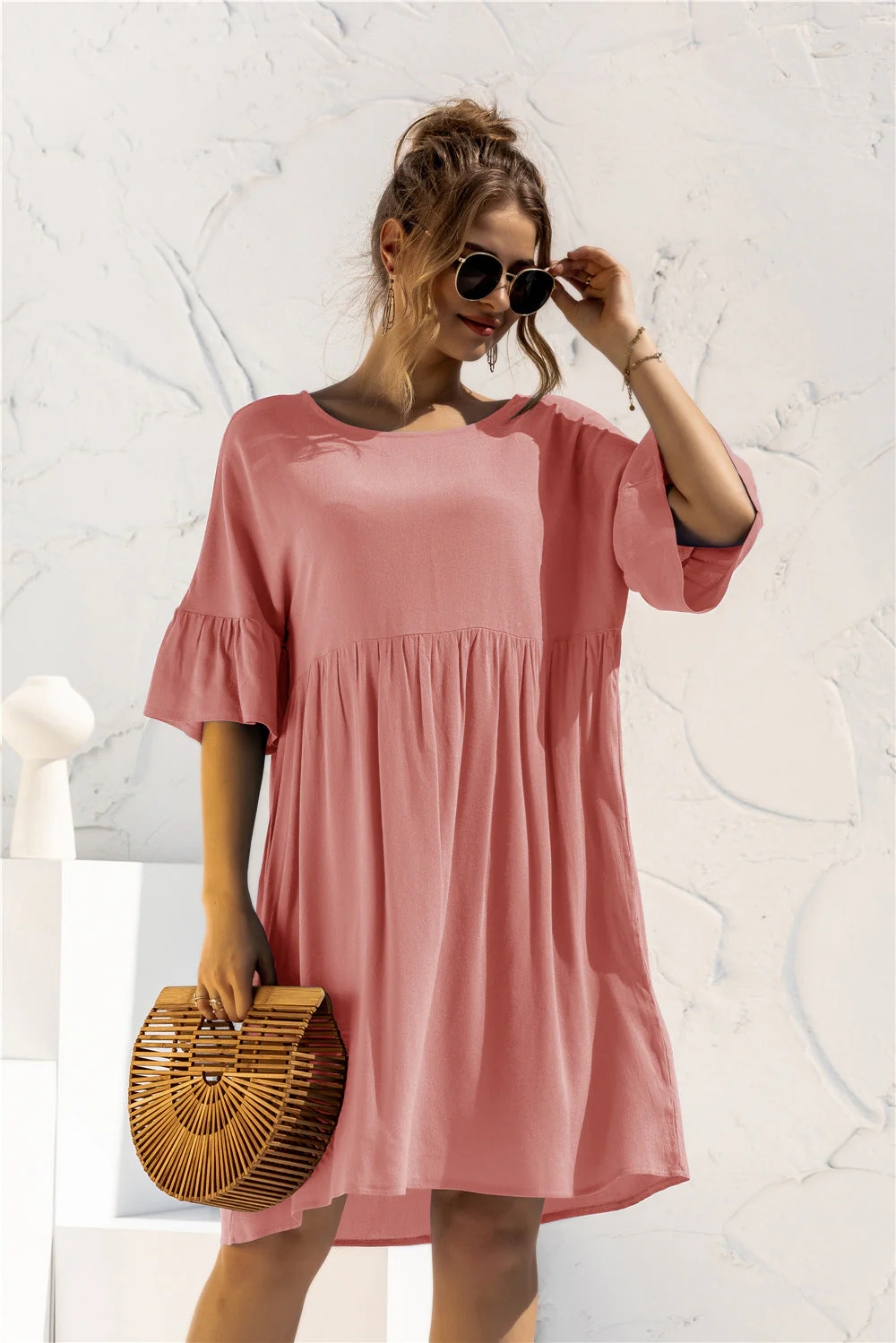 Boat Neck Flounce Sleeve Knee-Length Dress - Image 11