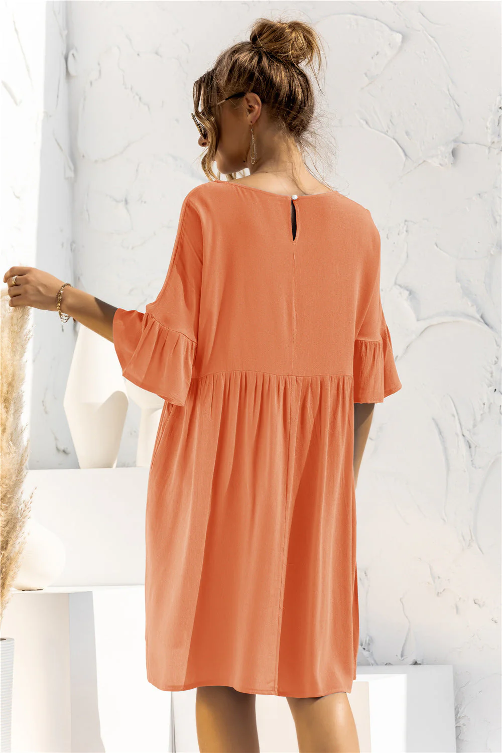 Boat Neck Flounce Sleeve Knee-Length Dress - Image 2