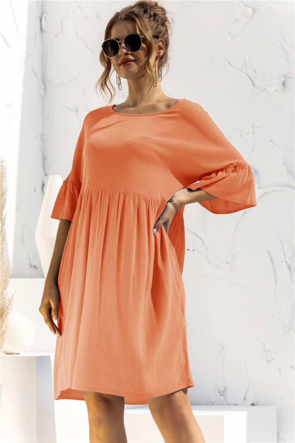Boat Neck Flounce Sleeve Knee-Length Dress - Image 3