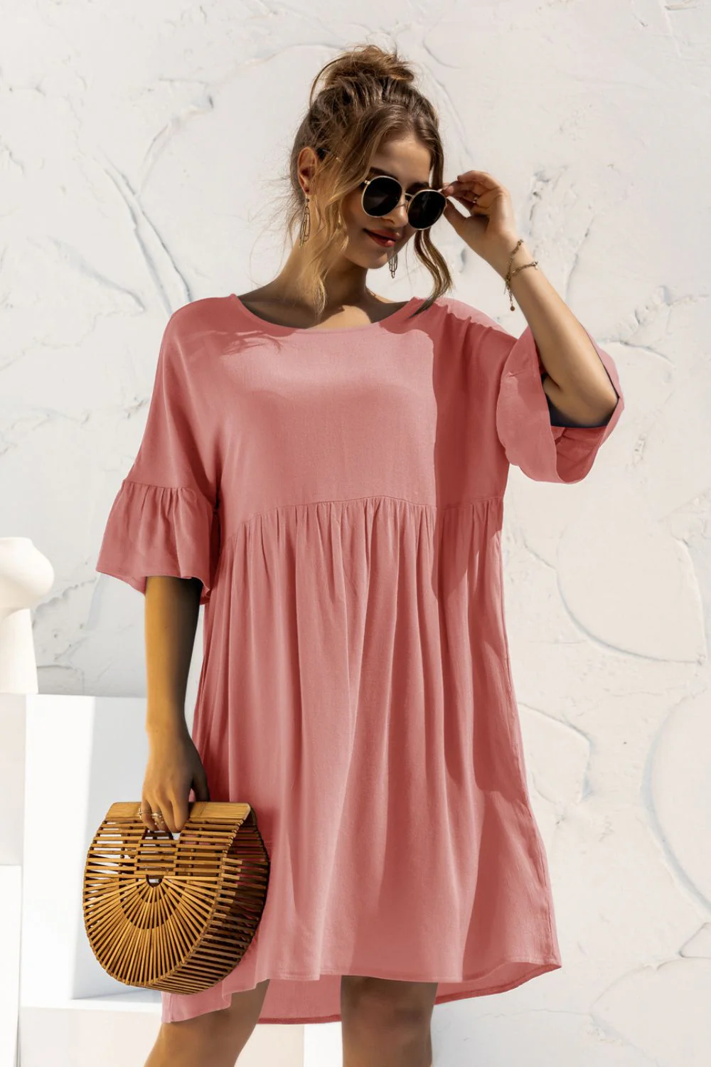 Boat Neck Flounce Sleeve Knee-Length Dress - Image 4