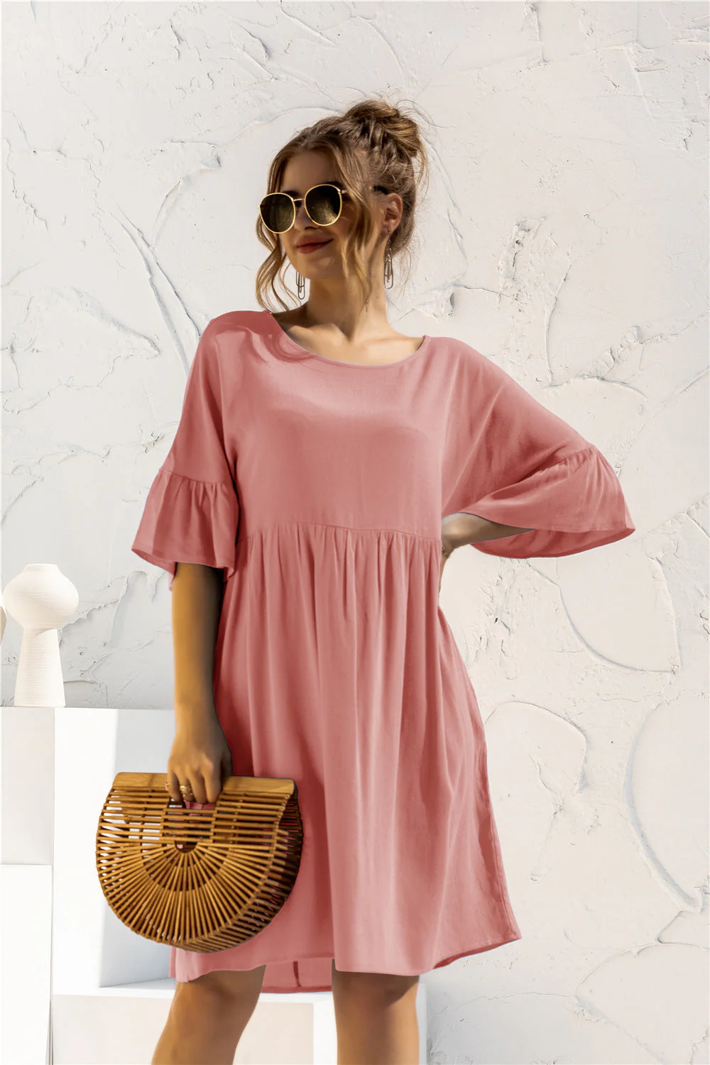 Boat Neck Flounce Sleeve Knee-Length Dress - Image 5