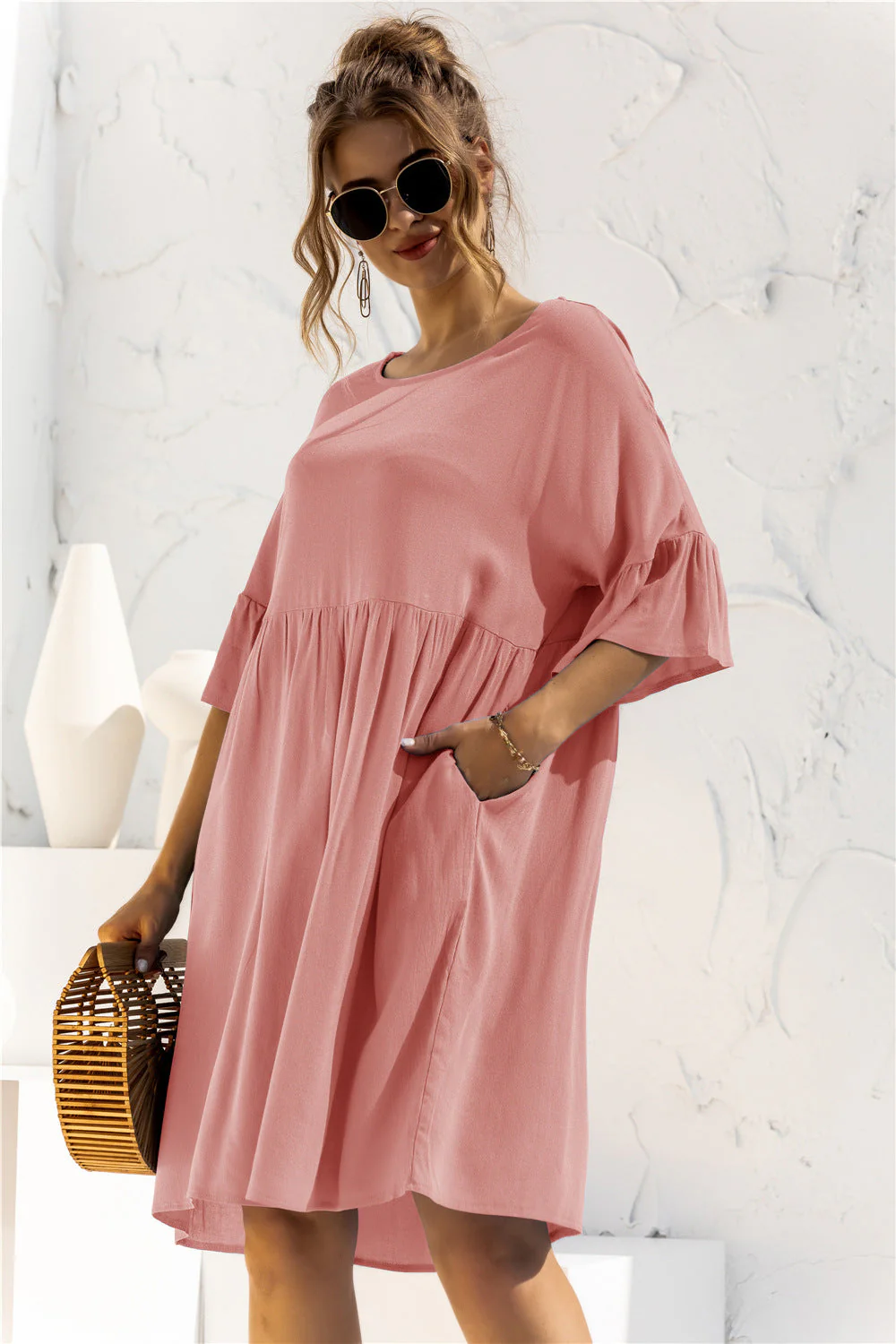 Boat Neck Flounce Sleeve Knee-Length Dress - Image 6
