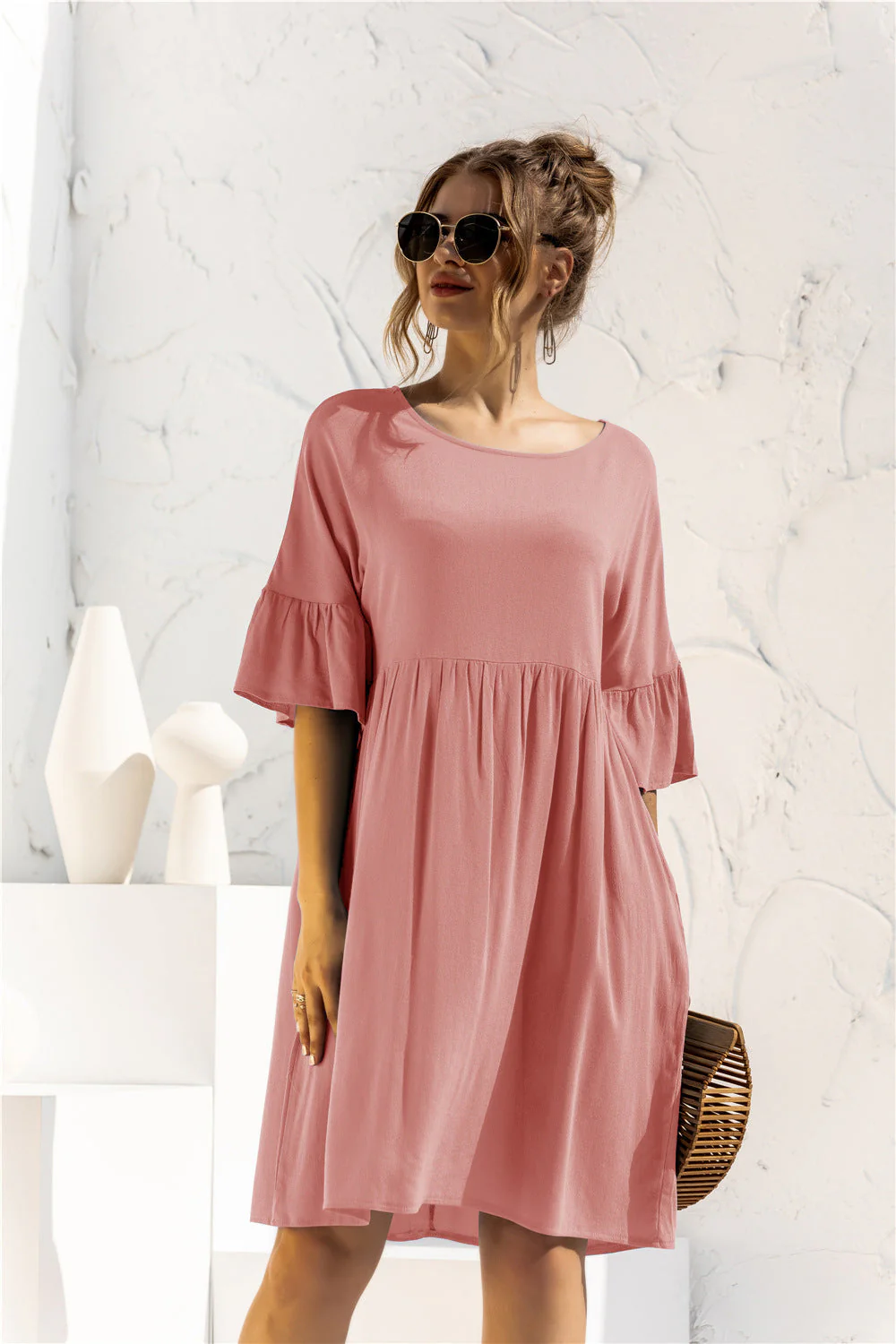 Boat Neck Flounce Sleeve Knee-Length Dress - Image 7