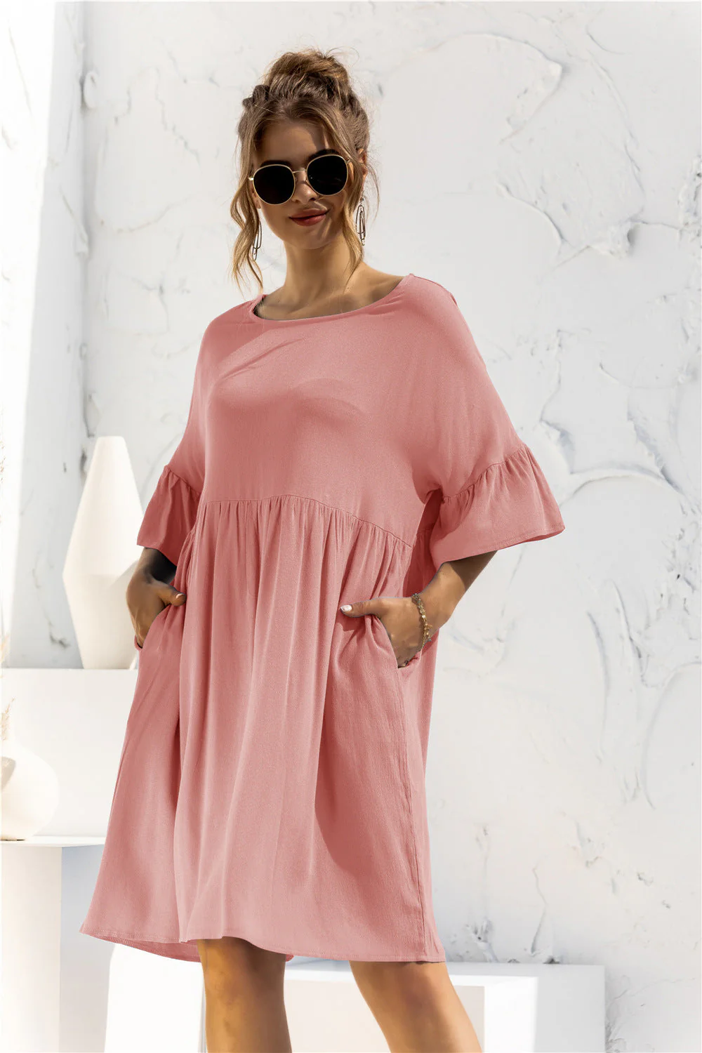 Boat Neck Flounce Sleeve Knee-Length Dress - Image 8
