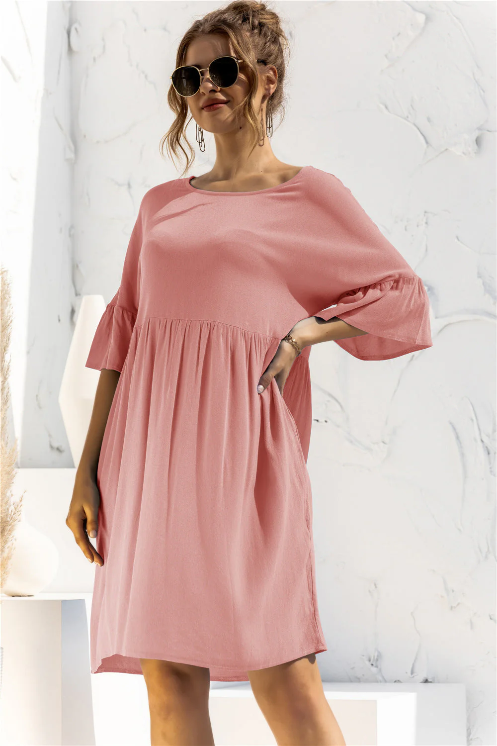 Boat Neck Flounce Sleeve Knee-Length Dress - Image 9