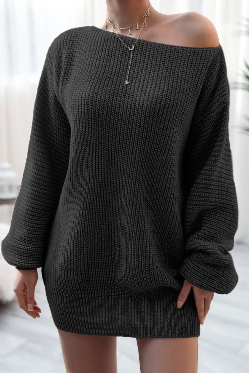 Boat Neck Long Sleeve Mini Sweater Dress - Image 11