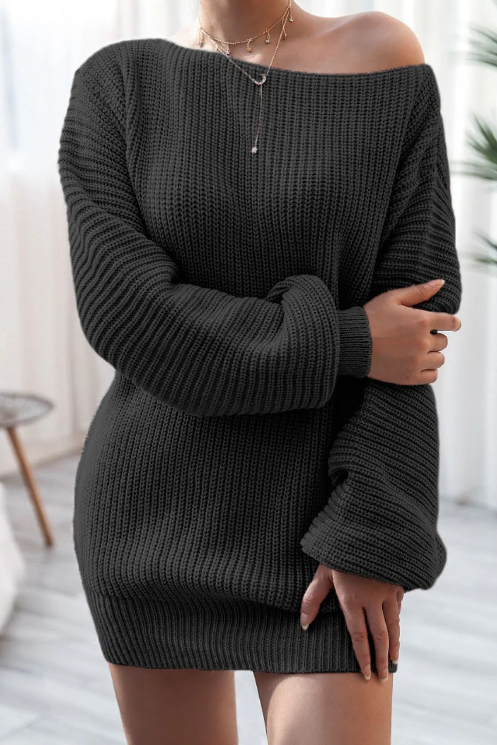 Boat Neck Long Sleeve Mini Sweater Dress - Image 12