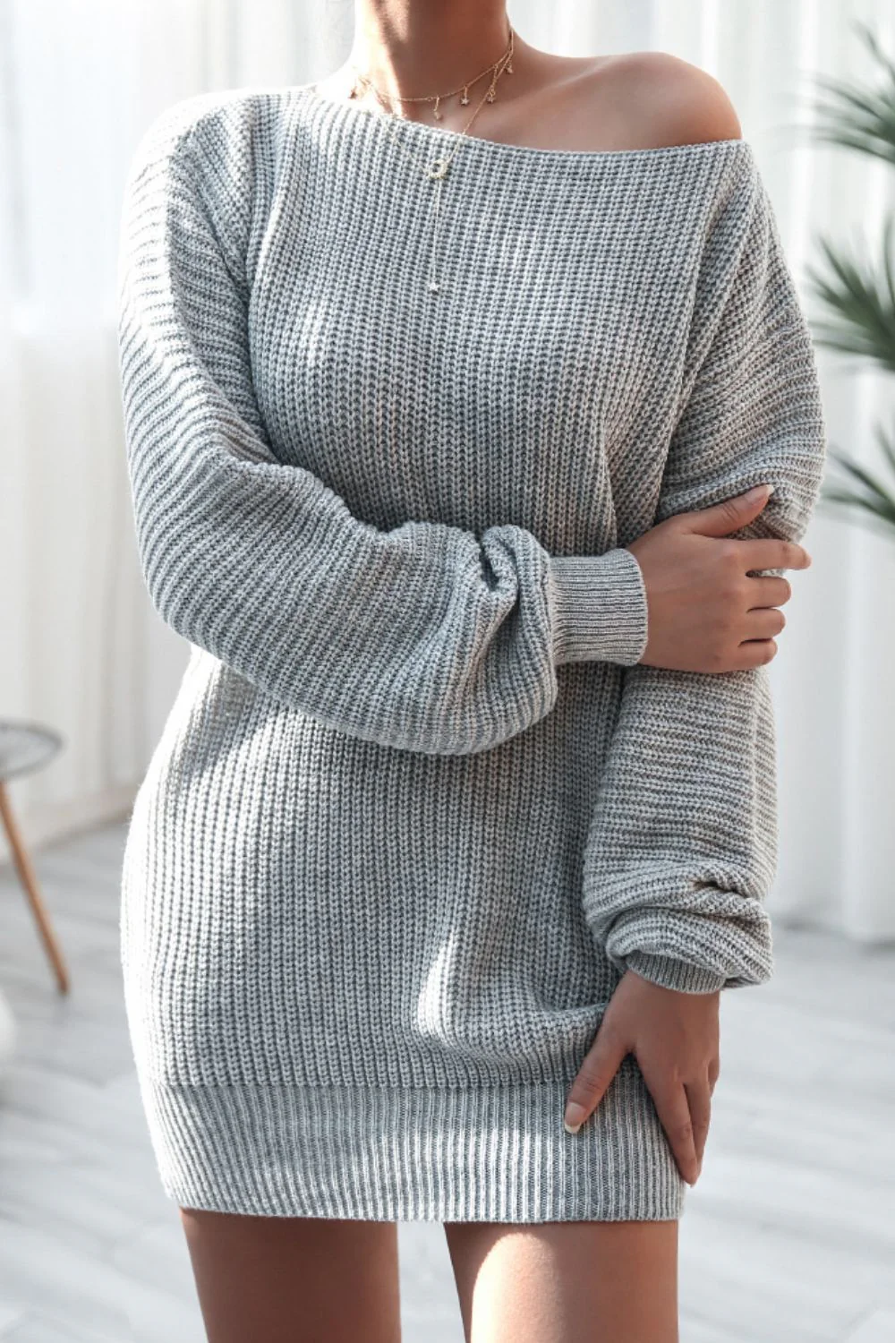Boat Neck Long Sleeve Mini Sweater Dress - Image 13