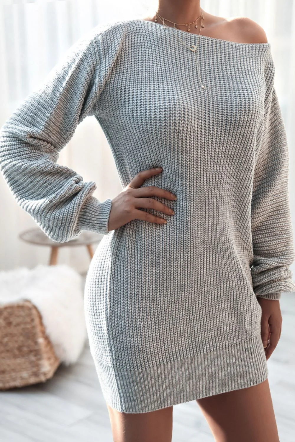 Boat Neck Long Sleeve Mini Sweater Dress - Image 15
