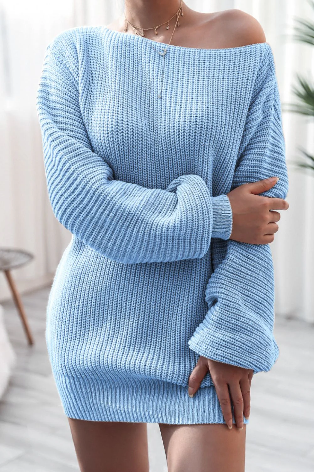 Boat Neck Long Sleeve Mini Sweater Dress - Image 17