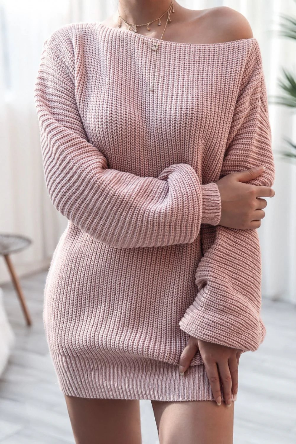 Boat Neck Long Sleeve Mini Sweater Dress - Image 3