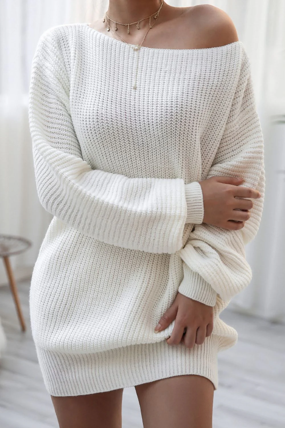 Boat Neck Long Sleeve Mini Sweater Dress - Image 6
