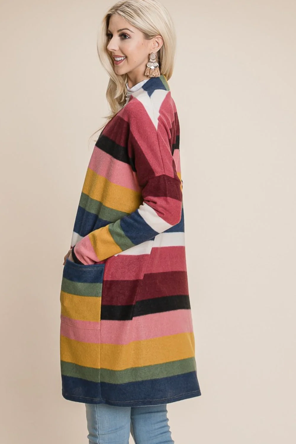 BOMBOM Color Block Striped Open Front Cardigan - Image 2