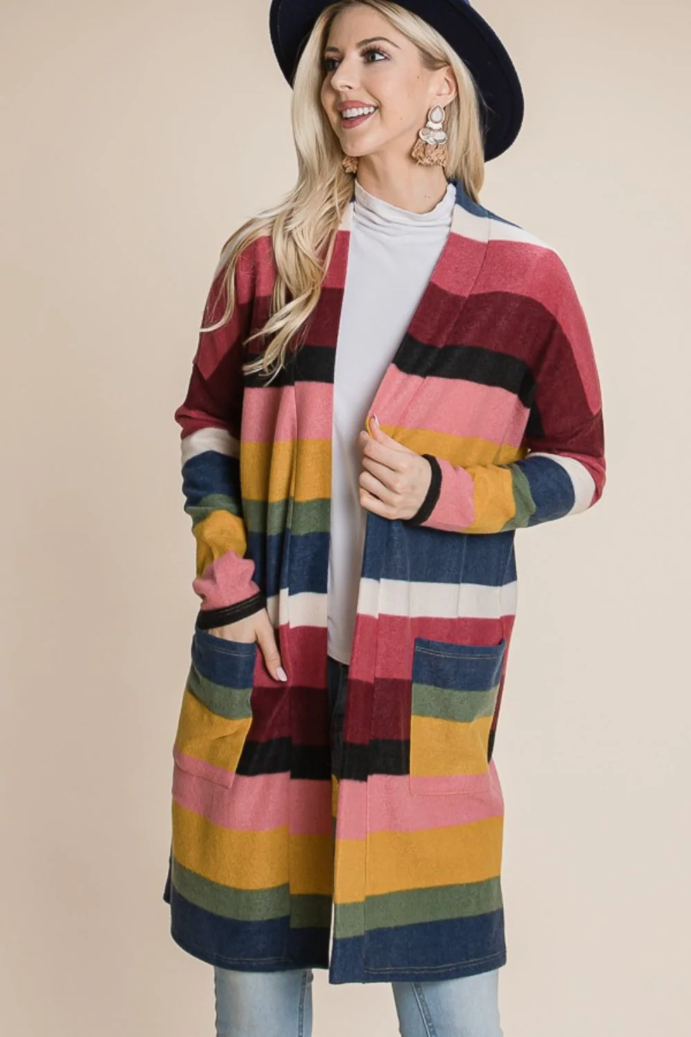 BOMBOM Color Block Striped Open Front Cardigan - Image 3