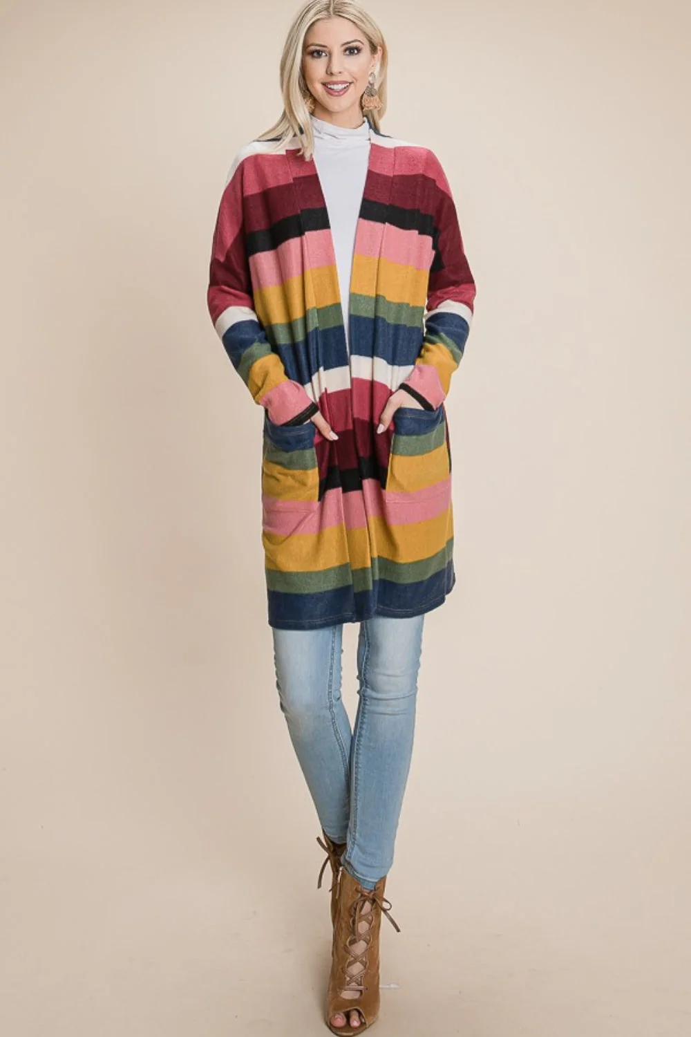 BOMBOM Color Block Striped Open Front Cardigan - Image 4