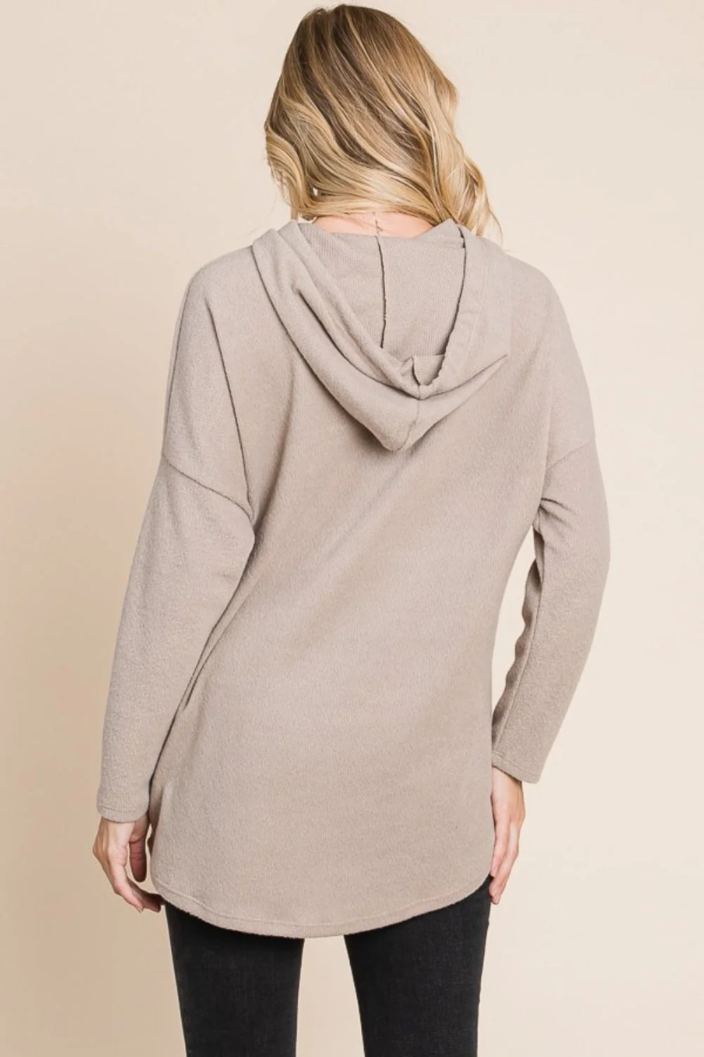 BOMBOM Contrast Drawstring Drop Shoulder Knit Hoodie - Image 2
