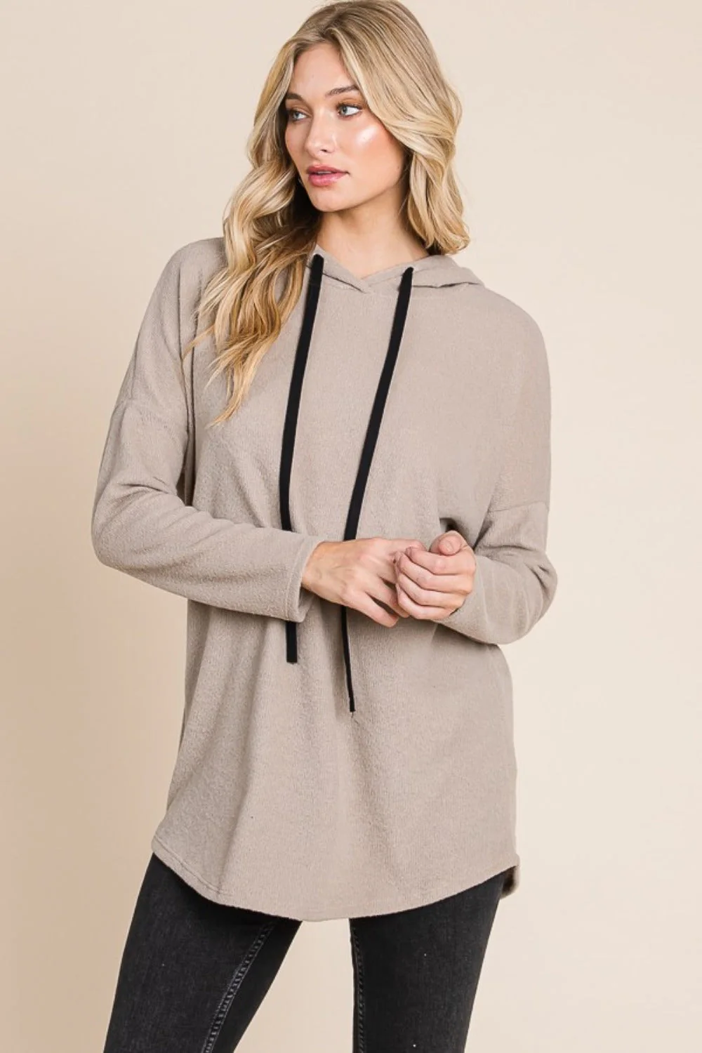 BOMBOM Contrast Drawstring Drop Shoulder Knit Hoodie - Image 3