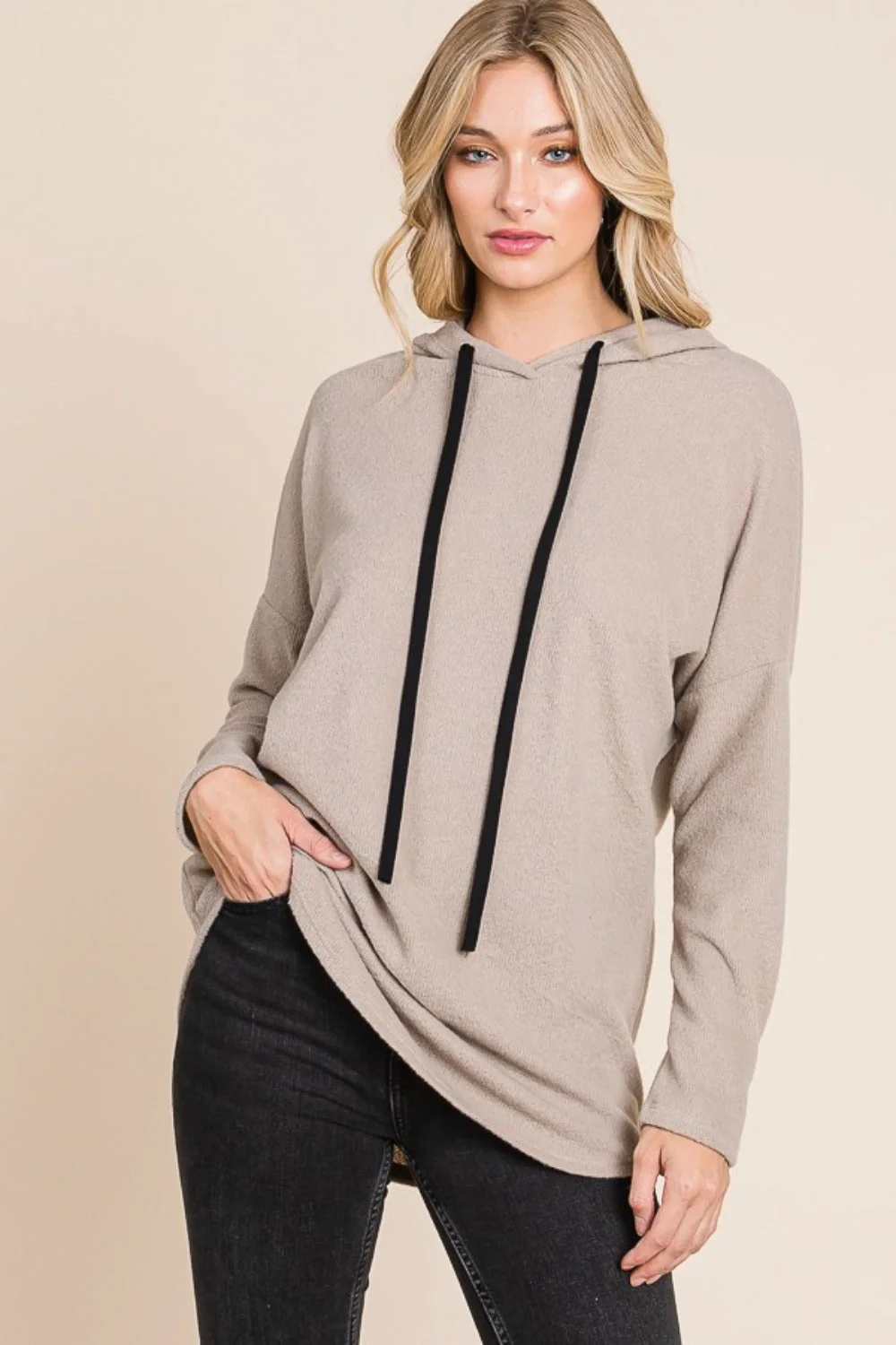 BOMBOM Contrast Drawstring Drop Shoulder Knit Hoodie - Image 4