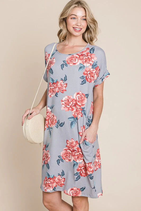 BOMBOM Floral Round Neck Short Tee Dress with Pockets - Image 2