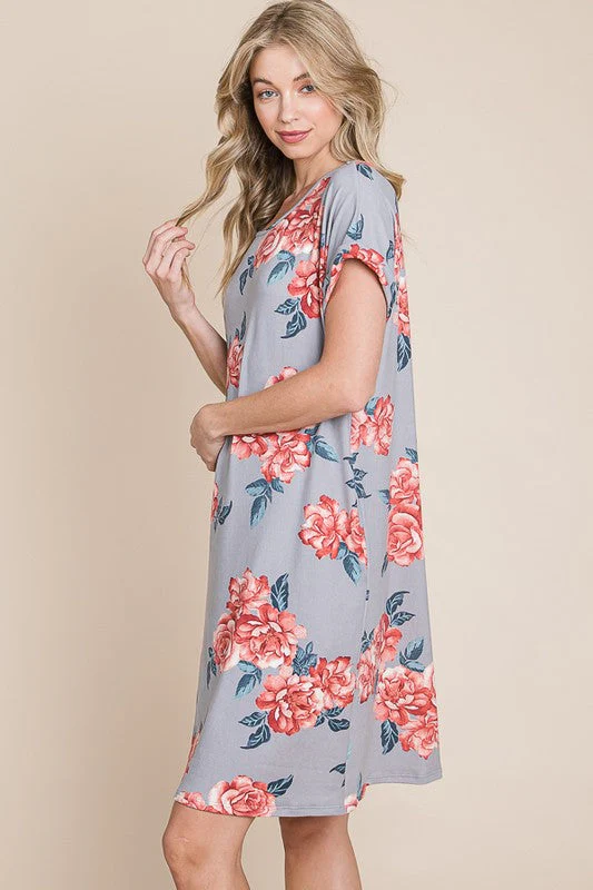BOMBOM Floral Round Neck Short Tee Dress with Pockets - Image 3