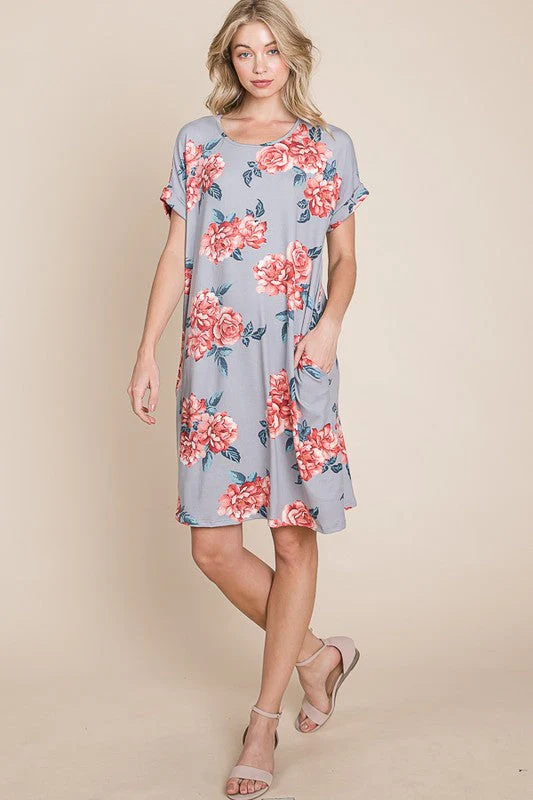 BOMBOM Floral Round Neck Short Tee Dress with Pockets - Image 4