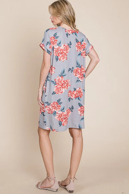 BOMBOM Floral Round Neck Short Tee Dress with Pockets - Image 5