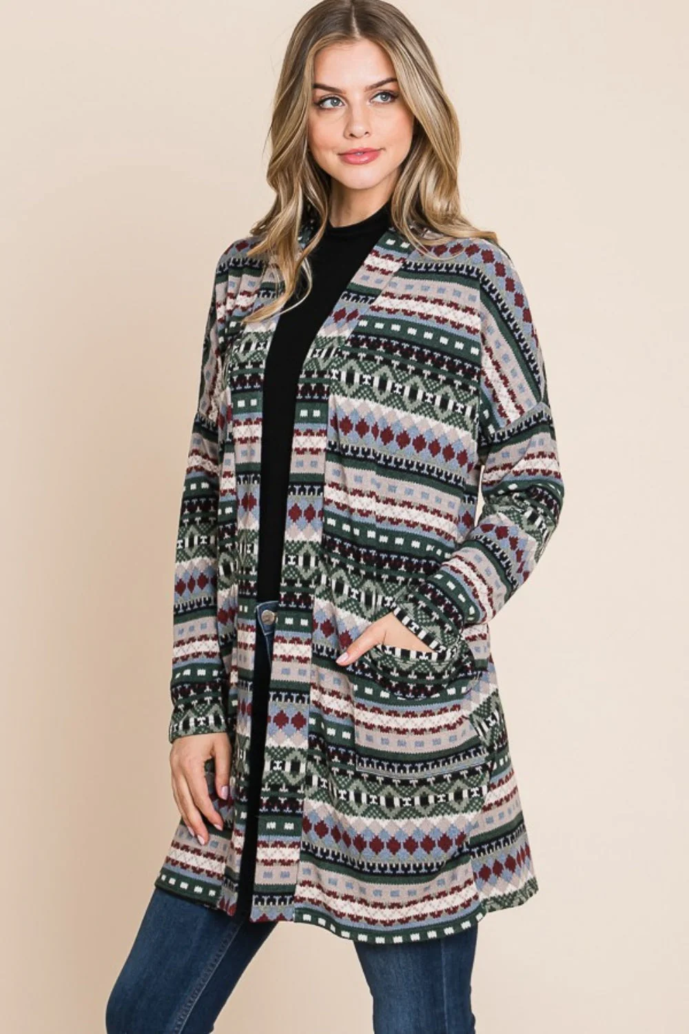 BOMBOM Geometric Open Front Long Sleeve Cardigan with Pockets - Image 2