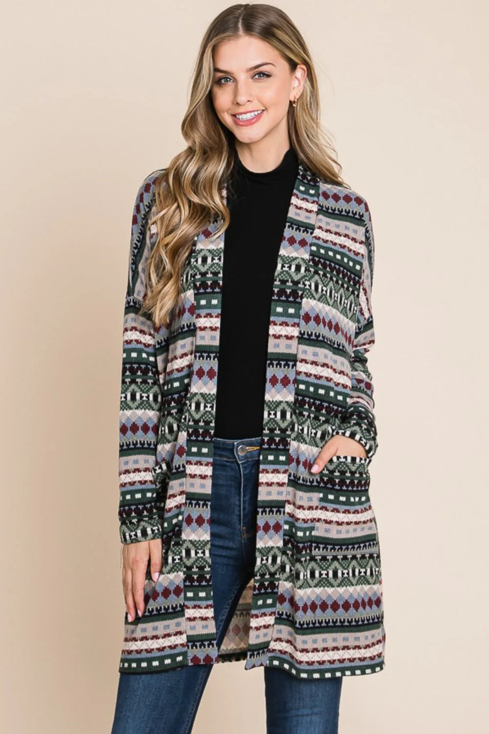 BOMBOM Geometric Open Front Long Sleeve Cardigan with Pockets - Image 3