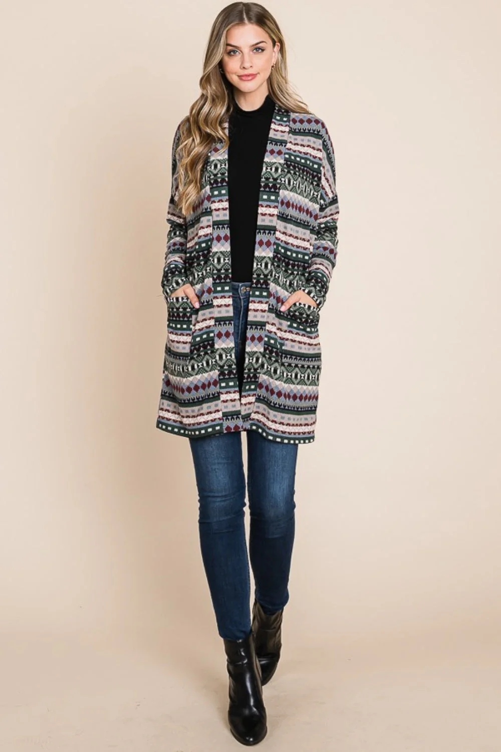 BOMBOM Geometric Open Front Long Sleeve Cardigan with Pockets - Image 4