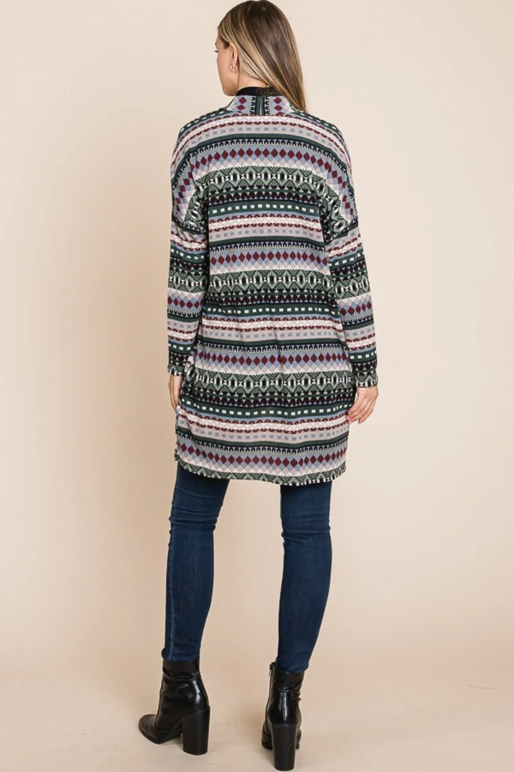 BOMBOM Geometric Open Front Long Sleeve Cardigan with Pockets - Image 5