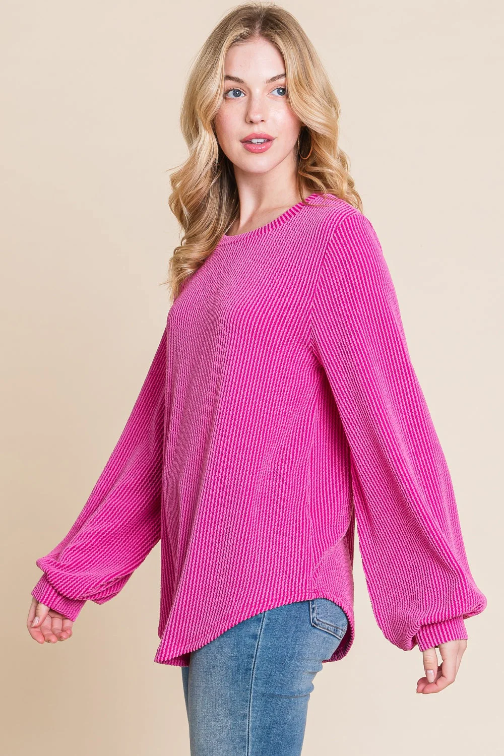 BOMBOM Long Sleeve Curved Hem Ribbed T-Shirt - Image 3