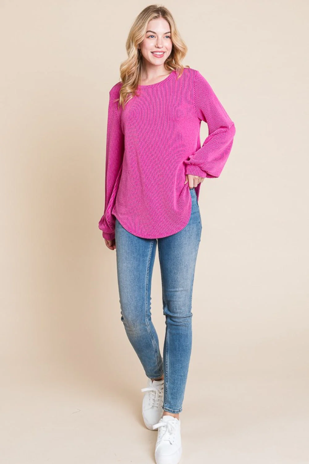 BOMBOM Long Sleeve Curved Hem Ribbed T-Shirt - Image 4