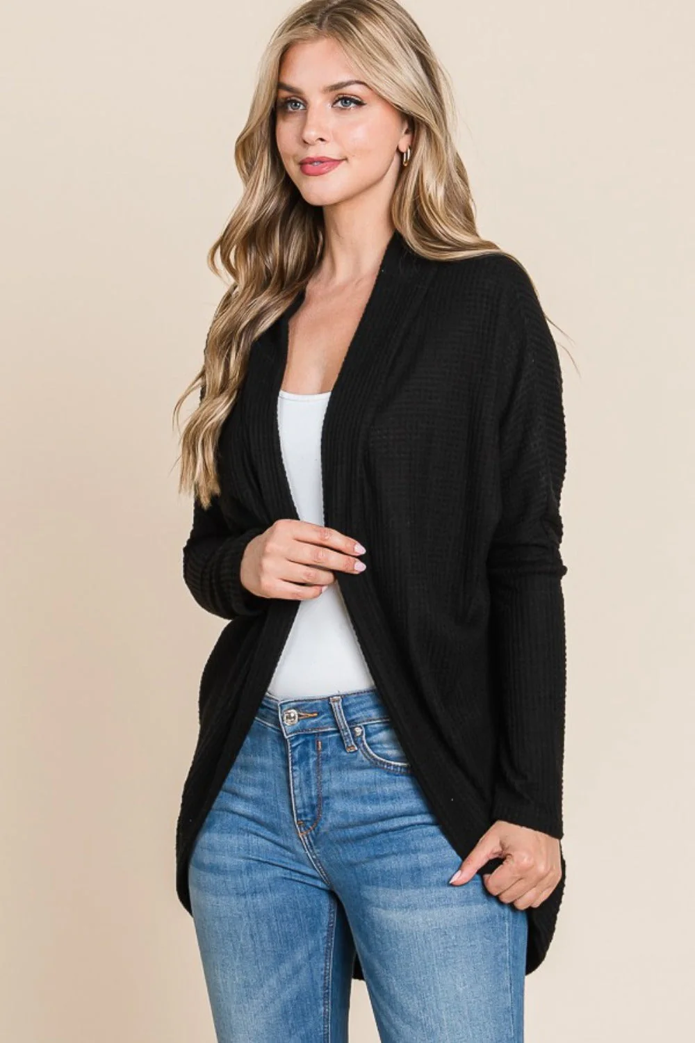 BOMBOM Open Front Waffle Knit Cocoon Cardigan - Image 3
