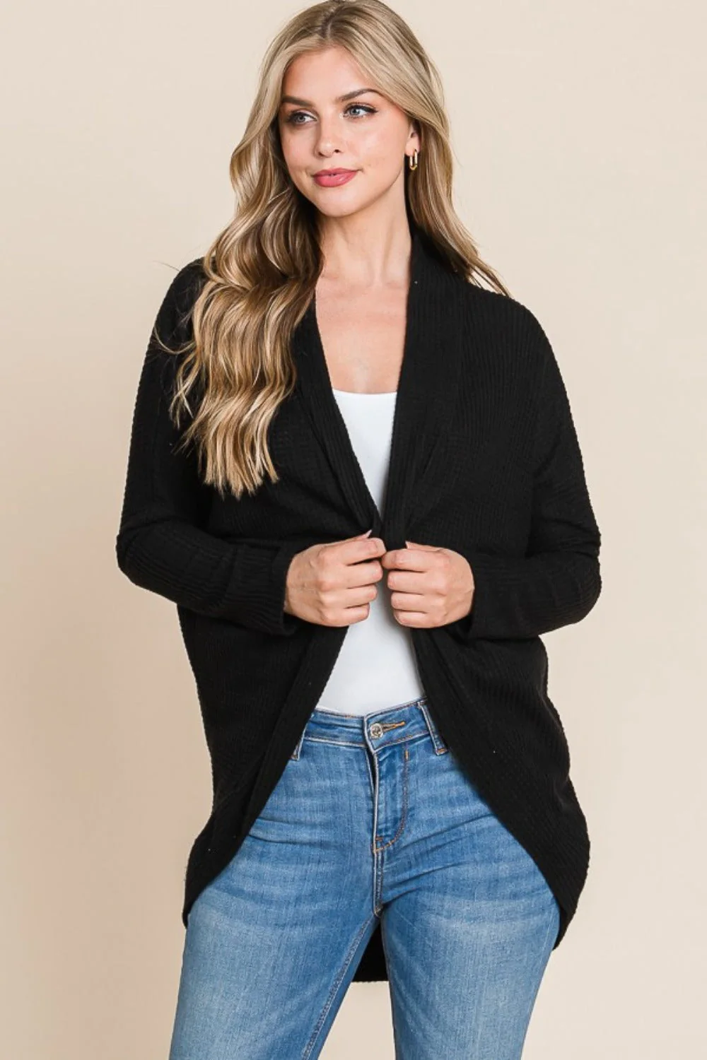 BOMBOM Open Front Waffle Knit Cocoon Cardigan - Image 4