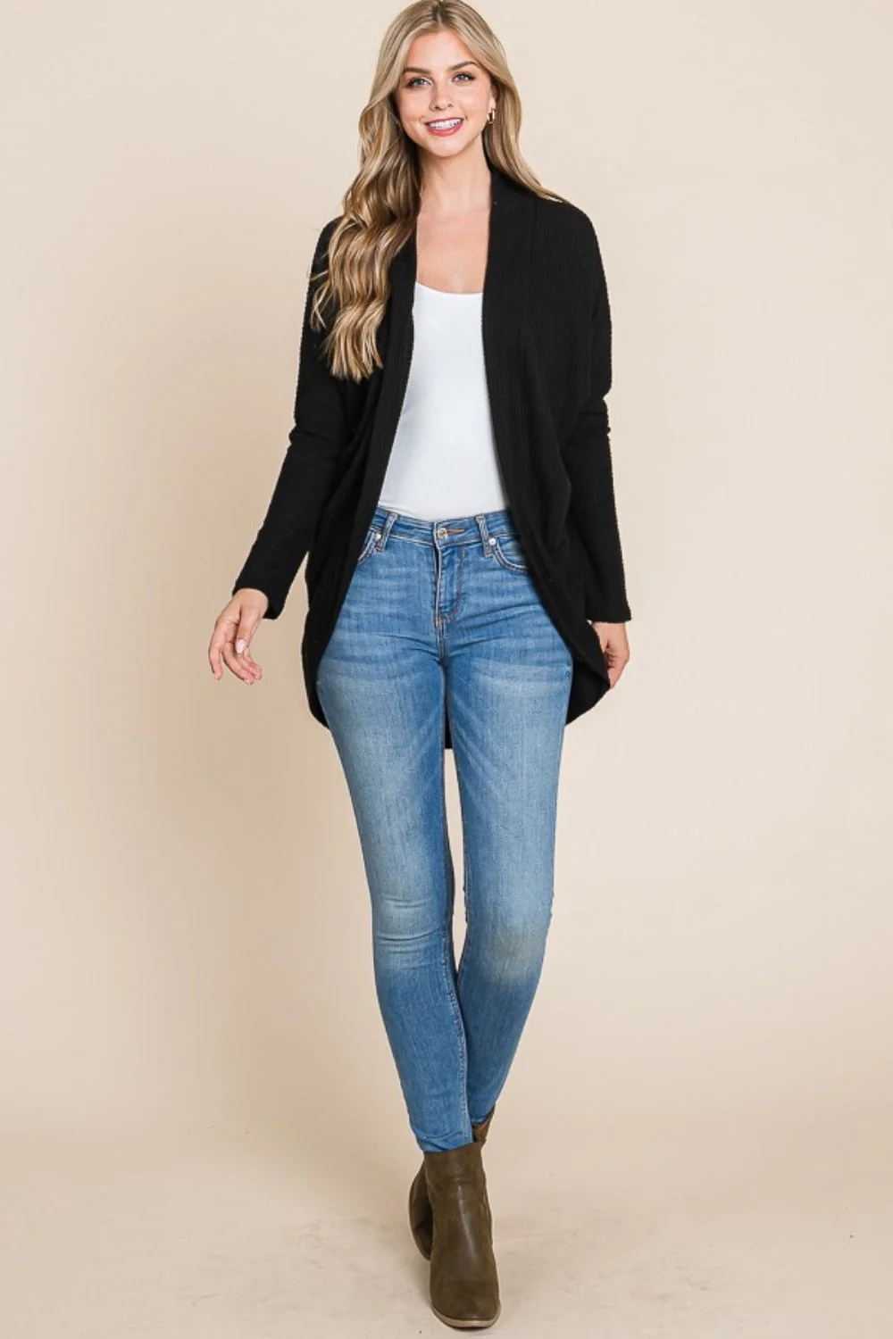 BOMBOM Open Front Waffle Knit Cocoon Cardigan - Image 5
