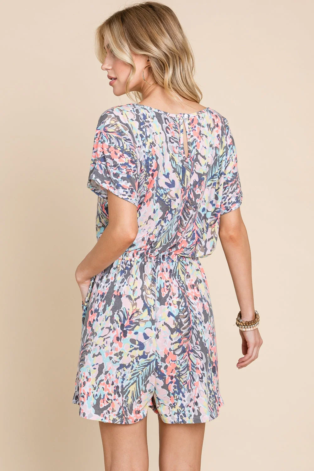 BOMBOM Printed Short Sleeve Drawstring Romper - Image 2